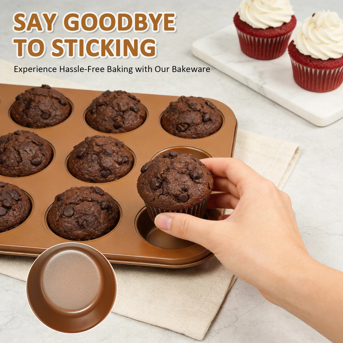 KOOMADE 10Pcs Nonstick Carbon Steel Bakeware Set Copper Coated Baking Pans Cookie Sheet Muffin Loaf Round Square Roasting Tray Oven Safe Dishwasher Safe Kitchen Baking Utensils
