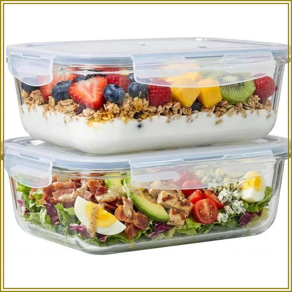 4pc Set - 8 Cup/64oz Glass Food Storage Containers with Airtight Lids - Freezer, Microwave & Oven Safe - Stackable Meal Prep Bowls - Clear Baking Pantry Organizer (2Pack)