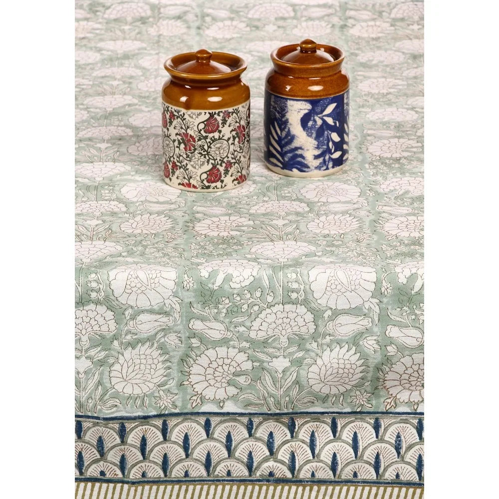 Linen Boho Fall Tablecloth With Handblock Floral Pattern For Kitchen