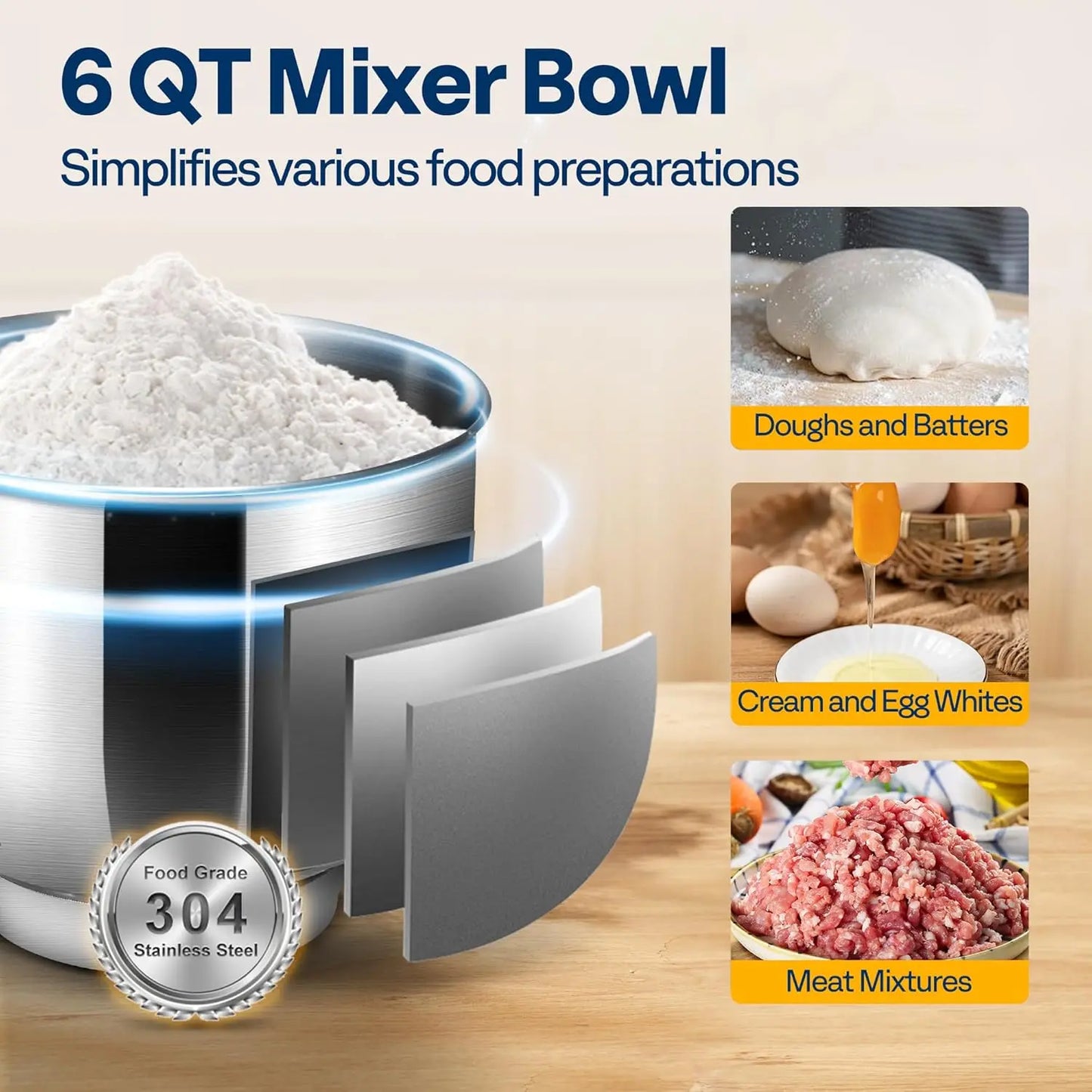 3-in-1 Stand Mixer, 6 Quart Electric Tilt-Kitchen Mixer with Bowl, Multifunctional Food Mixer with
