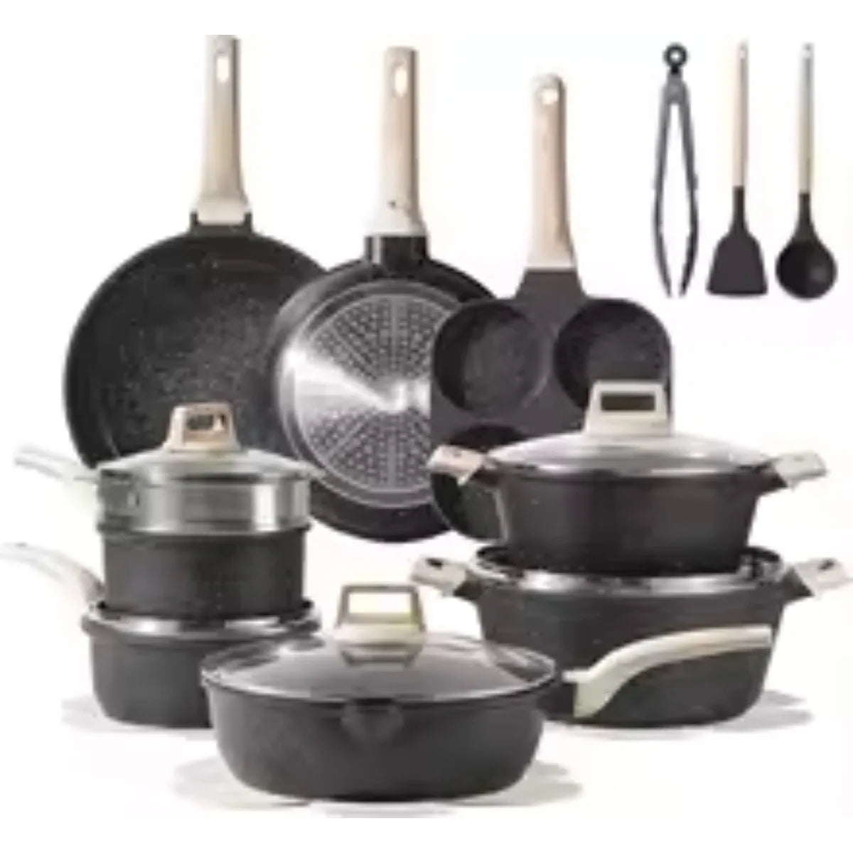 21Pcs White Granite Nonstick Cookware Sets Induction Compatible Pots and Pans with Frying Pans and Saucepans for Home Kitchen