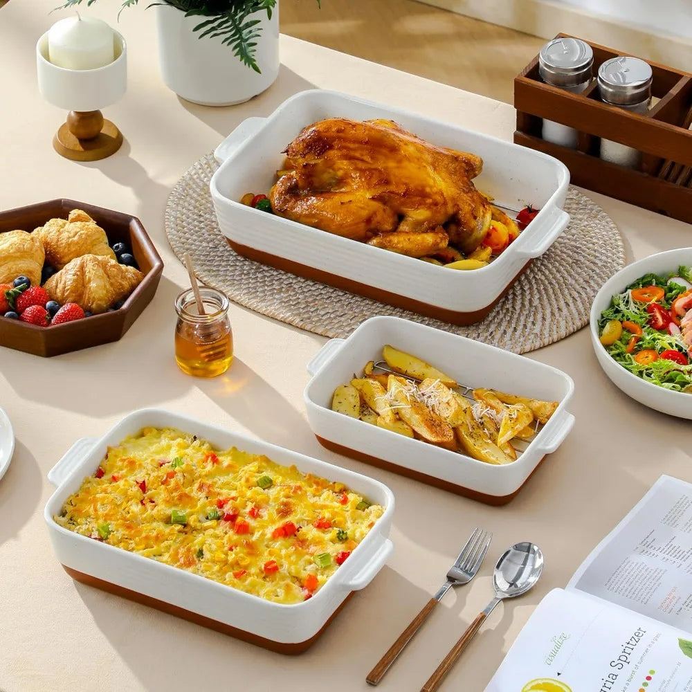 3-Piece Ceramic Casserole Set with Roasting Racks, Oven Safe to 500°F, Khaki White, 10.5-14.5 Inches