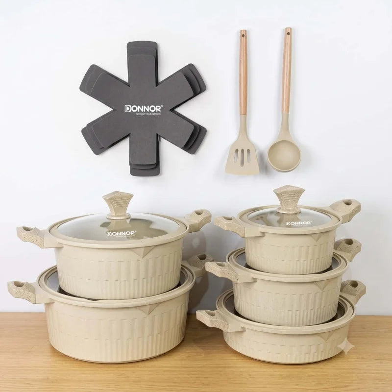 DONNOR Pot and Pan Set 15Pcs Non-stick Soup Pot Stew Pot with Glass Lid Granite Healthy Coat Pots for Cooking Stoves Universal