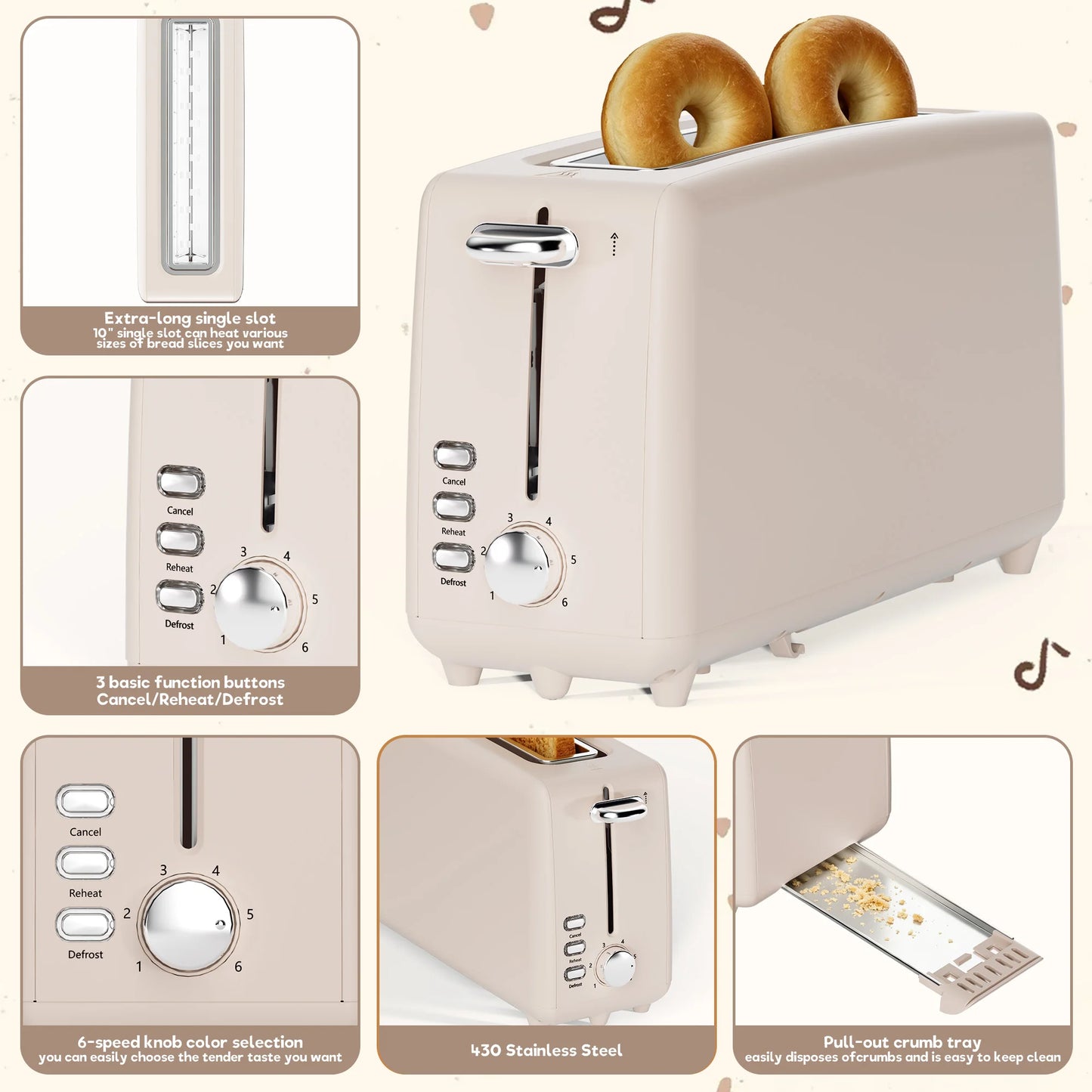2 Slice Stainless Steel Long Slot Toaster, 6 Shade Settings, 10" Slot for Bagels & Bread, Defrost Cancel Function, Removable Crumb Tray