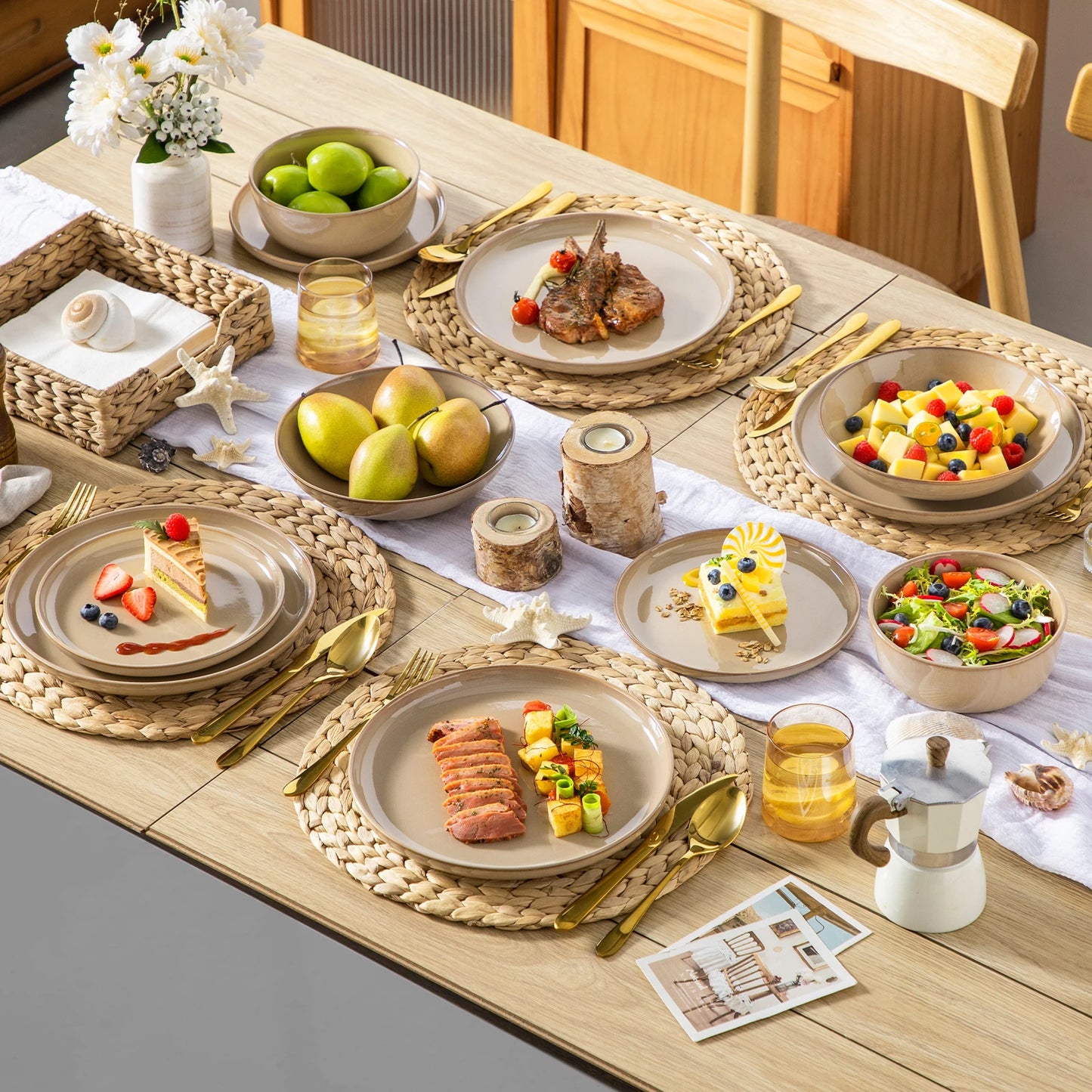 vancasso 12/16/18/24 Piece Light-Brow Reactive Glaze Stoneware Plates Set Dinnerware Sets with 4/6 pcs Dinner Plate/Dessert/Bowl