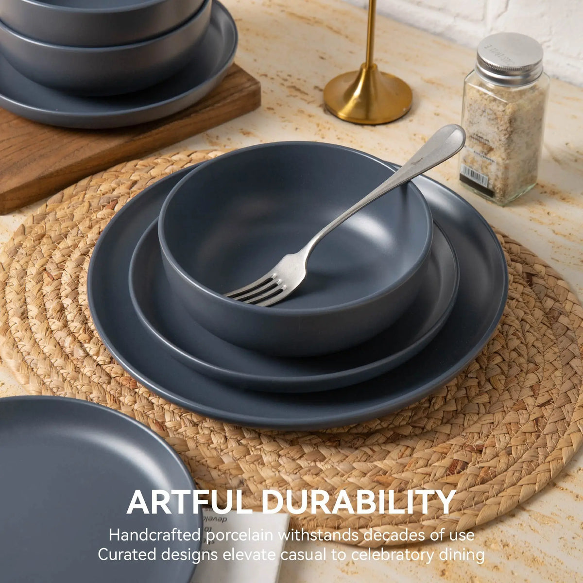 12-Piece Stoneware Dinner Plates Bowls Sets | Microwave & Dishwasher Safe | Non-Toxic Dinner Plates Bowls Set | Stackable Matte