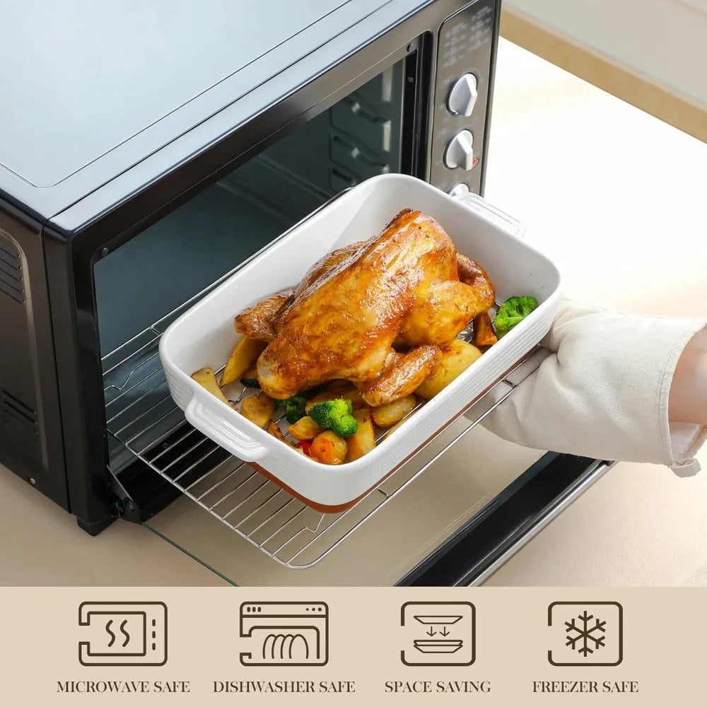 3-Piece Ceramic Casserole Set with Roasting Racks, Oven Safe to 500°F, Khaki White, 10.5-14.5 Inches