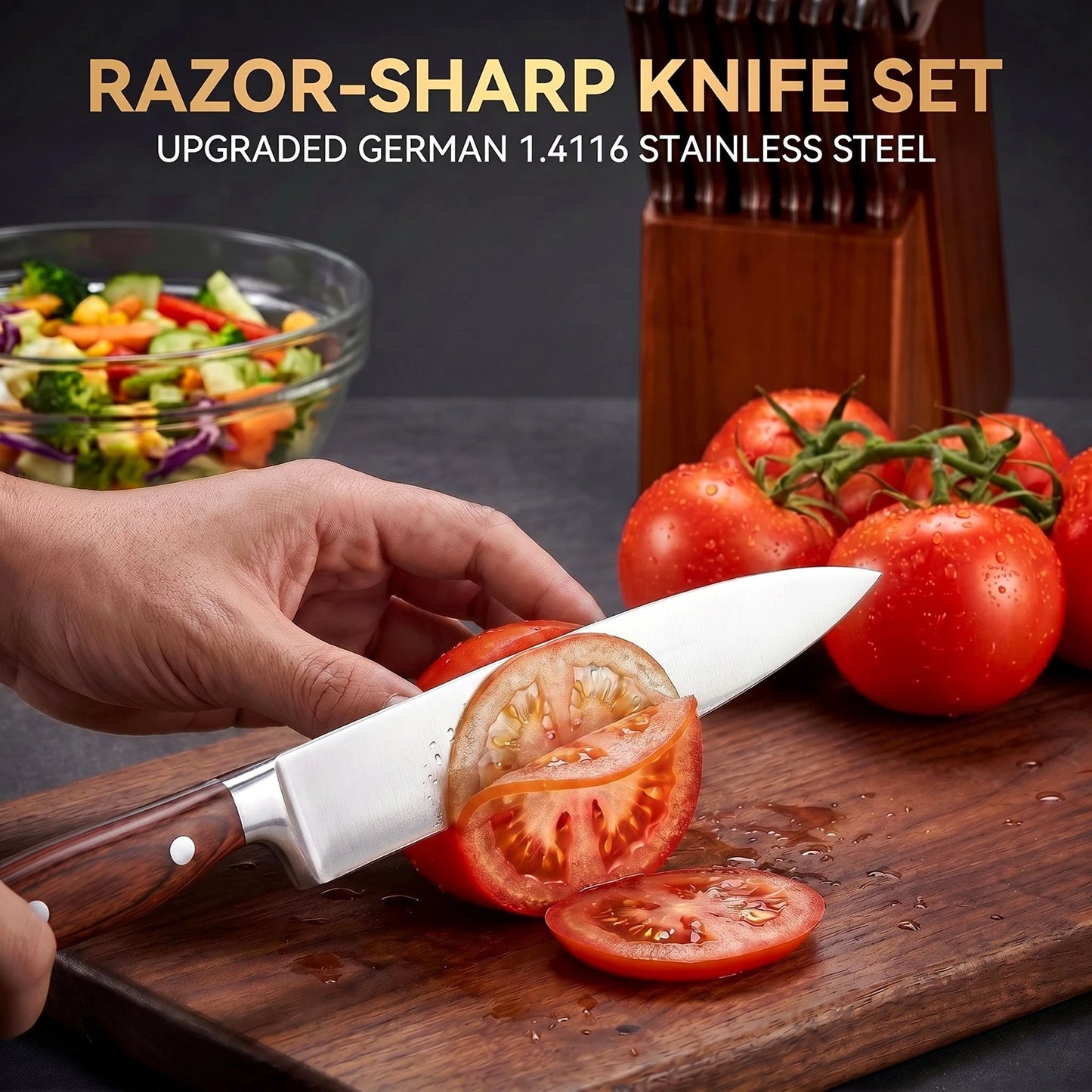 16 Pcs Kitchen Knife Set with Sharpener & Wooden Block, Stainless Steel Brown Wood Handle, Multi Cooking Knives