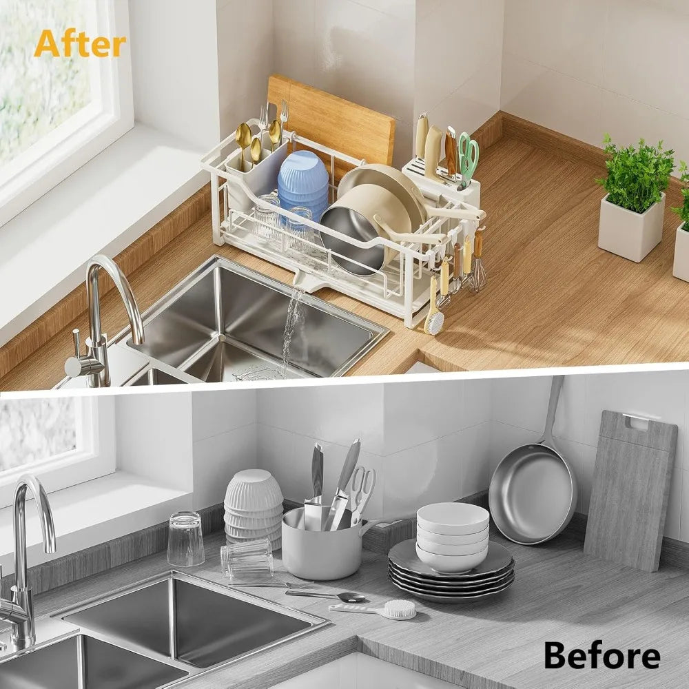 Narrow Auto Drain Dish Rack with Removable Cutlery Basket White