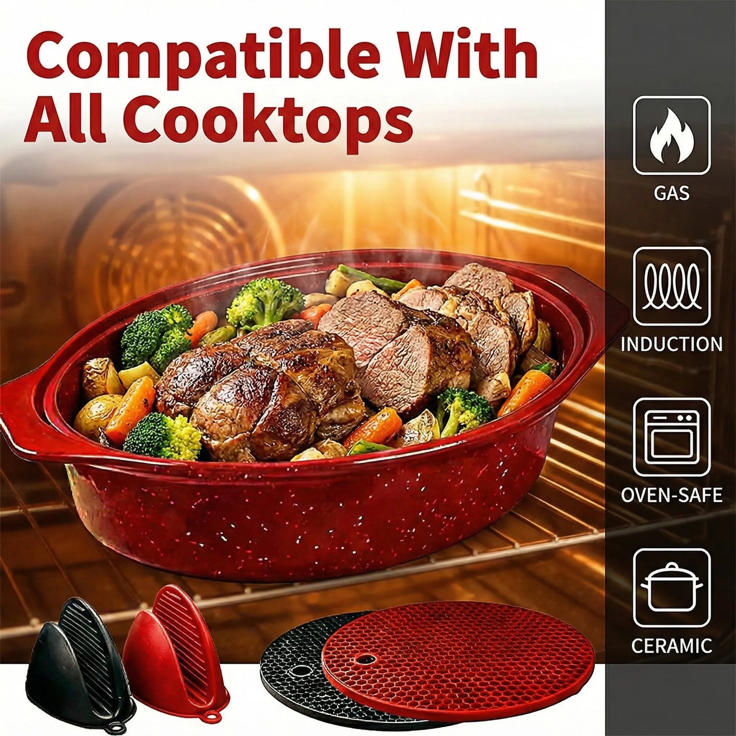 13-Inch Oval Roaster with Lid, Enameled Steel, 7 LB Poultry Capacity, 932°F Heat Resistant, Dishwasher Safe