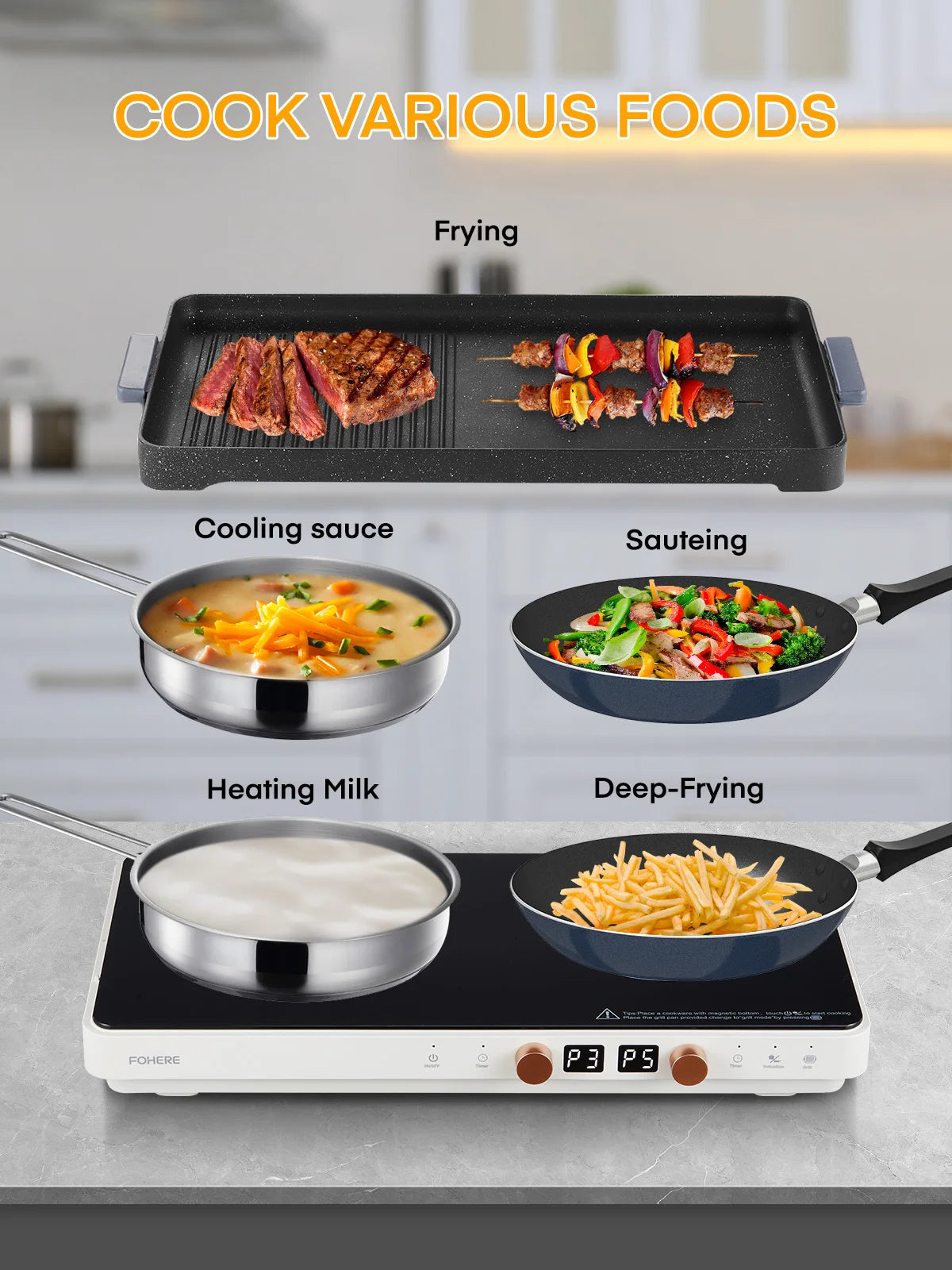 Induction Cooktop 2 Burners, Double Induction Griddle Cooktop with Removable Non-Stick Cast Iron Griddle Pan, Independent Temperature Control, 8 Power Levels, 99-Min Timer, Rubber Handle – for Magnetic Cookware