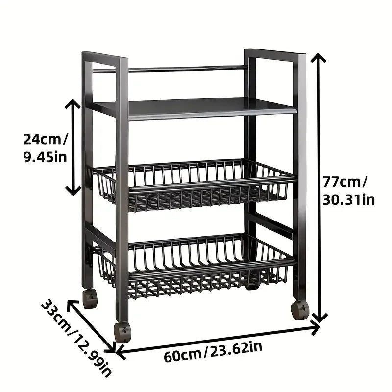 3-Tier Rolling Storage Cart with Flat Top Shelf & 2 Breathable Wire Baskets – Mobile Organizer for Kitchen Bathroom Laundry – Black Metal Utility Trolley with Wheels for Easy Movement