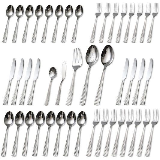 Lorena 20\40\45Pcs Vertical Stripes Stainless Steel Silverware Set Mirror Polished Flatware Knife Fork Spoon Tableware Service for 8 Dishwasher Safe Kitchen Dinner Utensils with Serving Set