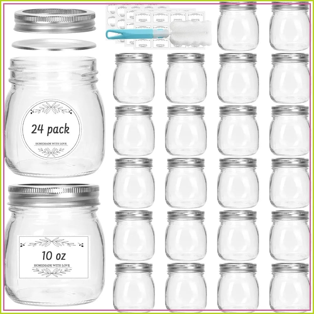 10 oz Glass Mason Jars, 24 Pack Regular Mouth Canning Jars with Silver Lids & Bands, Airtight for Food Storage, Pickling, Honey, Jelly, DIY