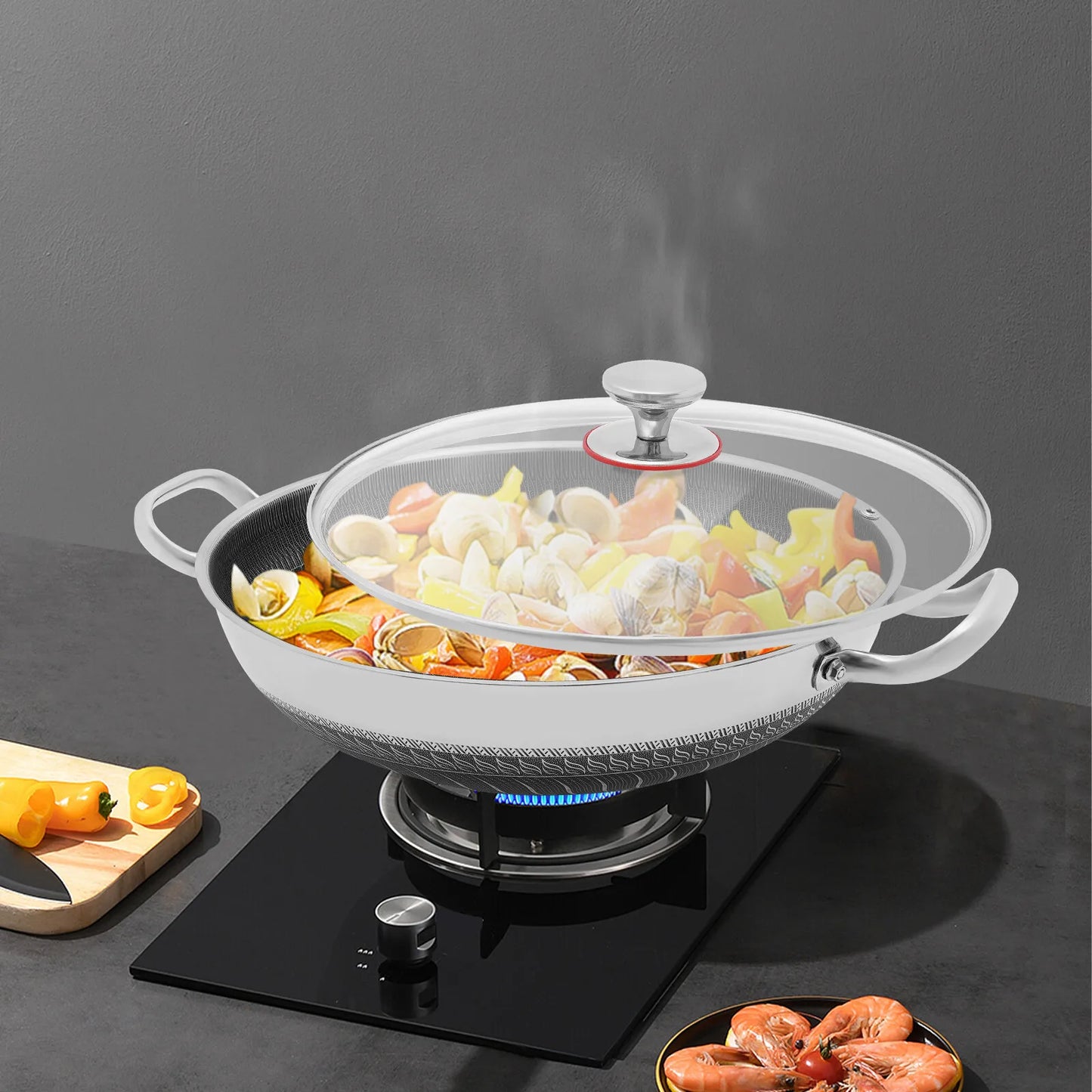 410 Stainless Steel Skillet with Lid, Stainless Steel Frying Pan,14 Inch Non Stick Paella Pan with Practical Handles Vapor Hole for Frying, Sauteing, Deep-frying