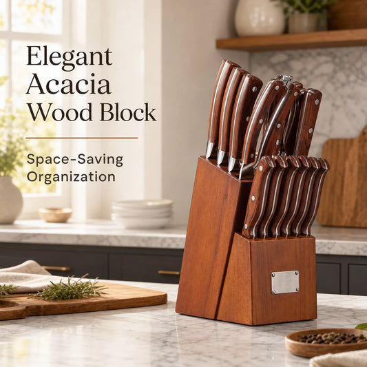 16 Pcs Kitchen Knife Set with Sharpener & Wooden Block, Stainless Steel Brown Wood Handle, Multi Cooking Knives