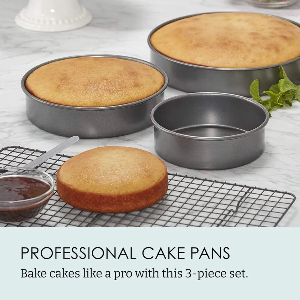 Professional Nonstick Round Cake Pan Set, 3-Piece - 6, 8, 10 Inch, Heavy-Weight Aluminized Steel for Even Baking
