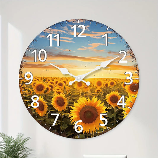 A 10-16 Inch Modern Wooden Sunflower Flower Large Clock Wall- Battery-powered, Silent Clock, Suitable for Living Room, Bedroom,