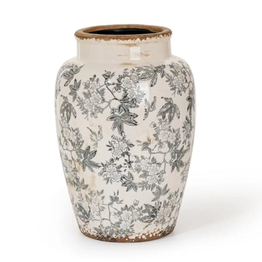 Ceramic Flower Vase for home decor vintage ice-cracked glaze porcelain gray floral pattern 10.2-inch tall Chinoiserie pottery v