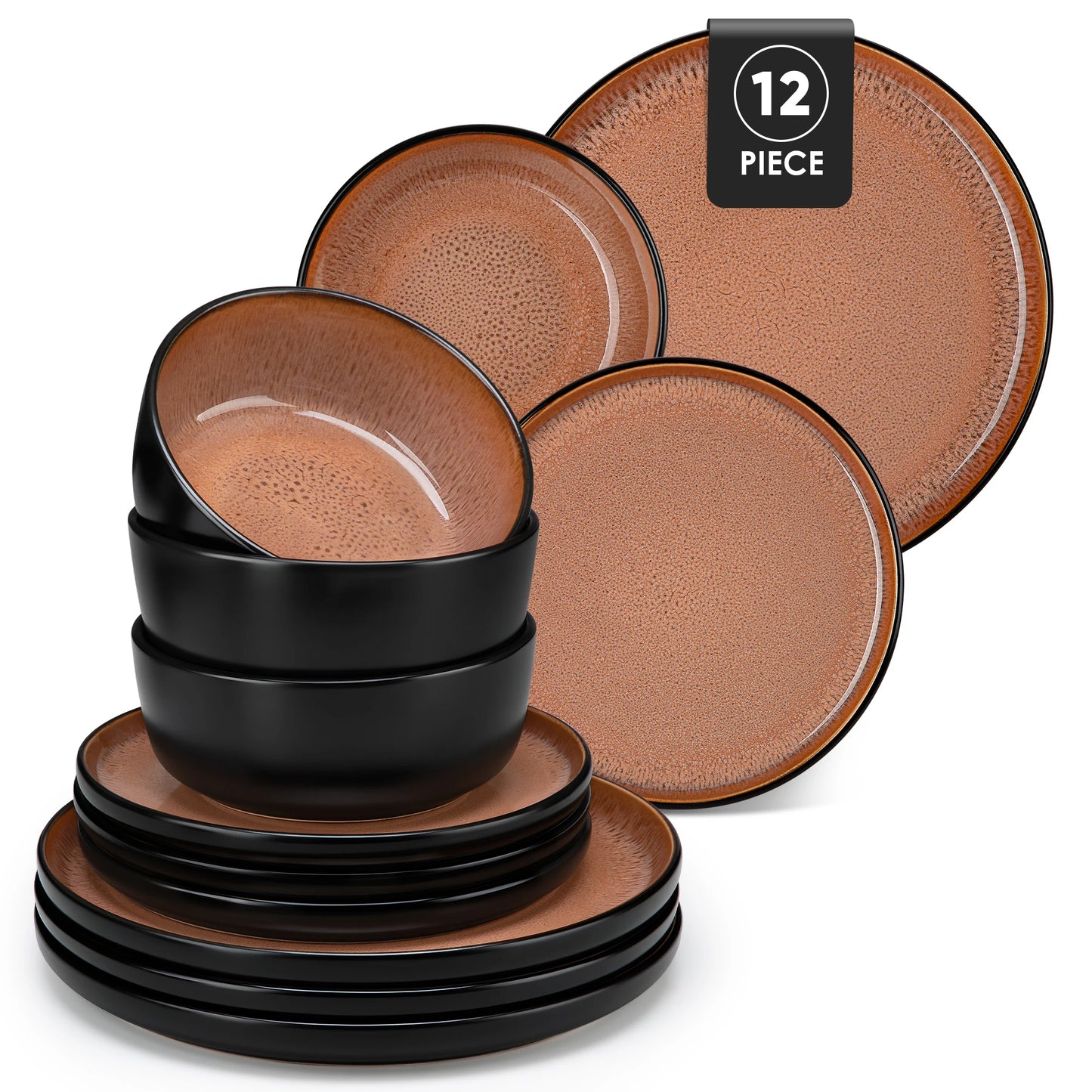Vancasso AMBER 12/16 Piece Ceramic Dinnerware Set Matte Black Stoneware Plates Set with 4/6 Pcs Dinner Plate/Dessert/Bowl/Soup