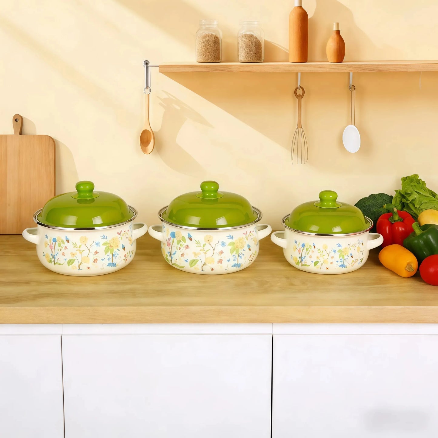 3Pcs Vintage Enamel Stock Pot Set with Lid,34oz/51oz/68oz Retro Flower Cooking Pot, Flat Bottom Stew Pot with Dual Handles for Induction & Gas Stove Kitchen Use