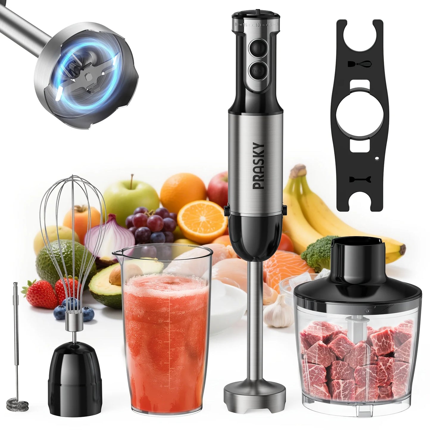 PRASKY 5-in-1 Handheld Immersion Blender with High Power Motor & Multi-Attachment System - Powerful Motor, Whisk, Meat Chopper