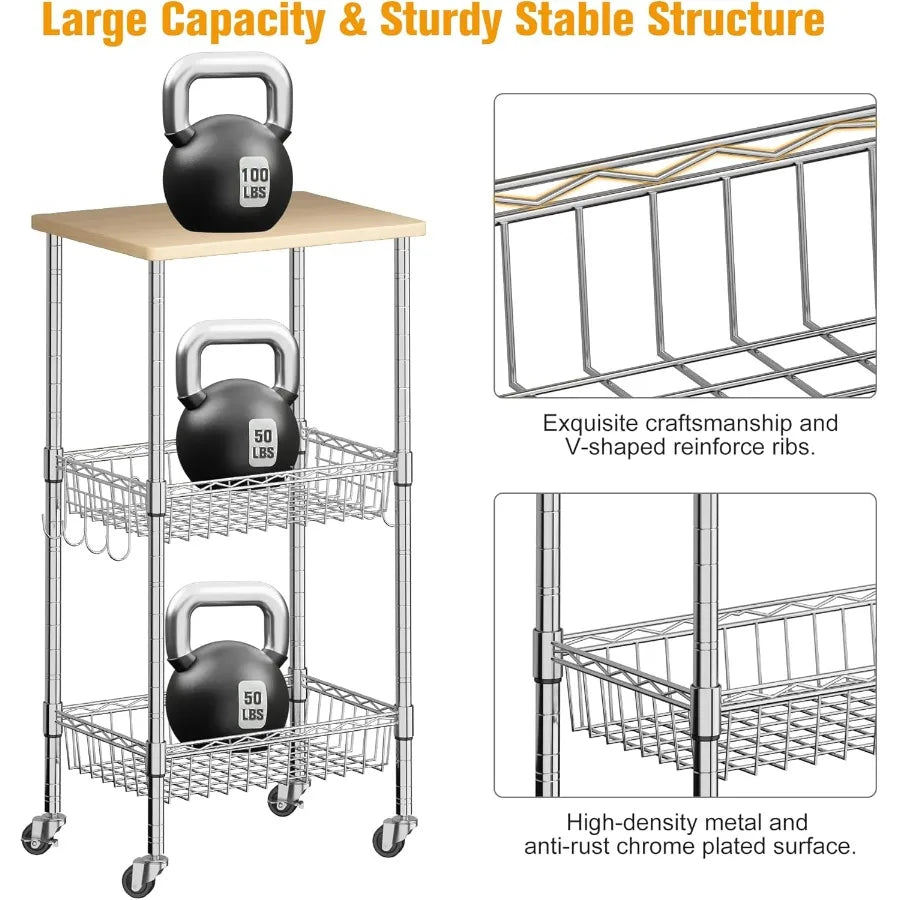 Homeiju Rolling Kitchen Storage Cart, 3-Tier Storage Rack On Caster Wheels With Adjustable 2 Baskets, Coffee Station Cart Rack S