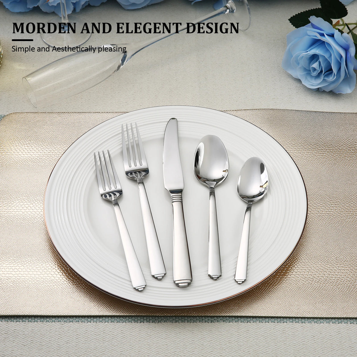 LORENA 20Pcs Stainless Steel Cutlery Set Service for 4 Mirror Polished Flatware Silverware Set Knife Fork Spoon Dishwasher‑Safe For Home Restaurant Party Kitchen Utensils