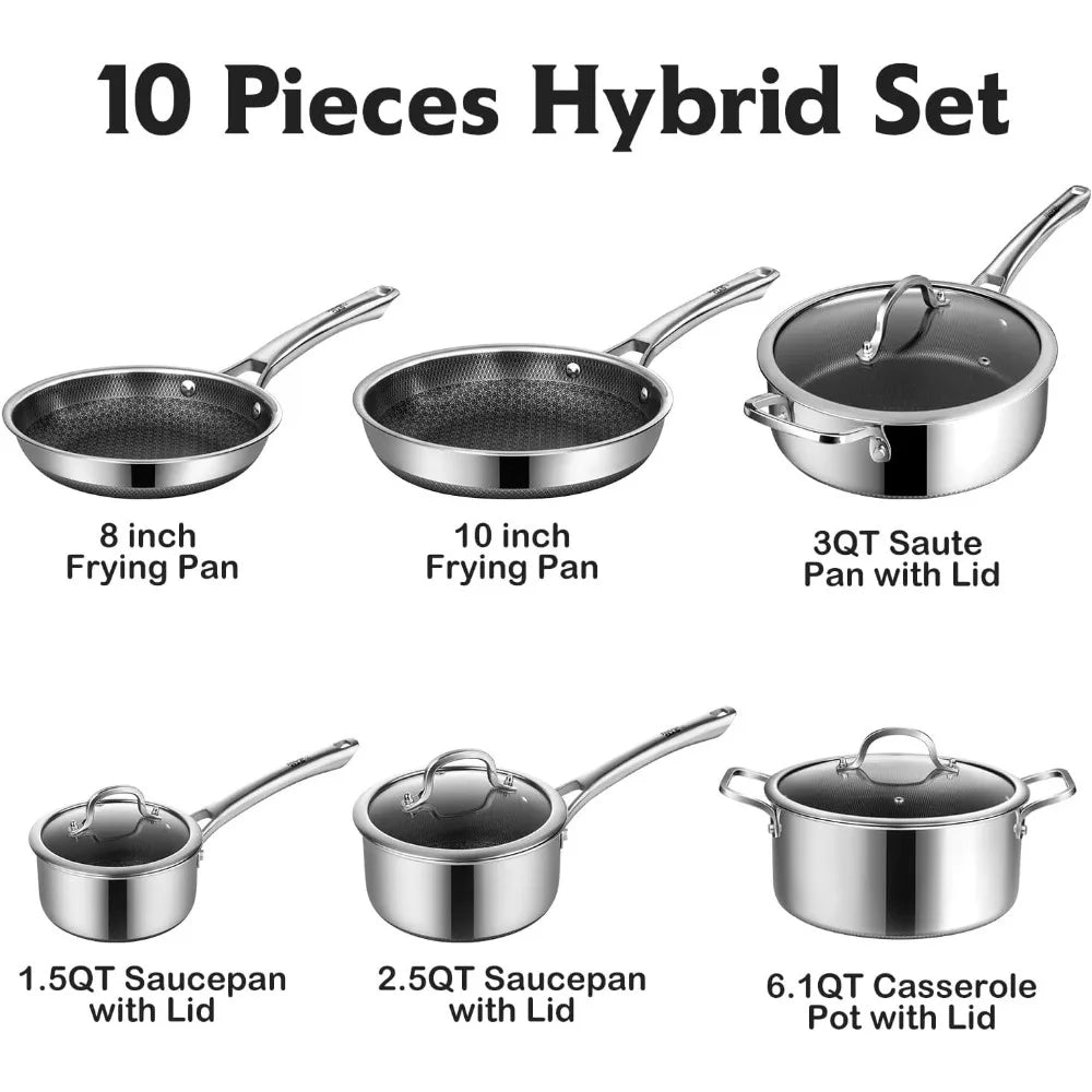 Pots and Pans Set Non Stick, 10 Pcs Hybrid StainlSteel Cookware Sets, Non Stick Frying Pans
