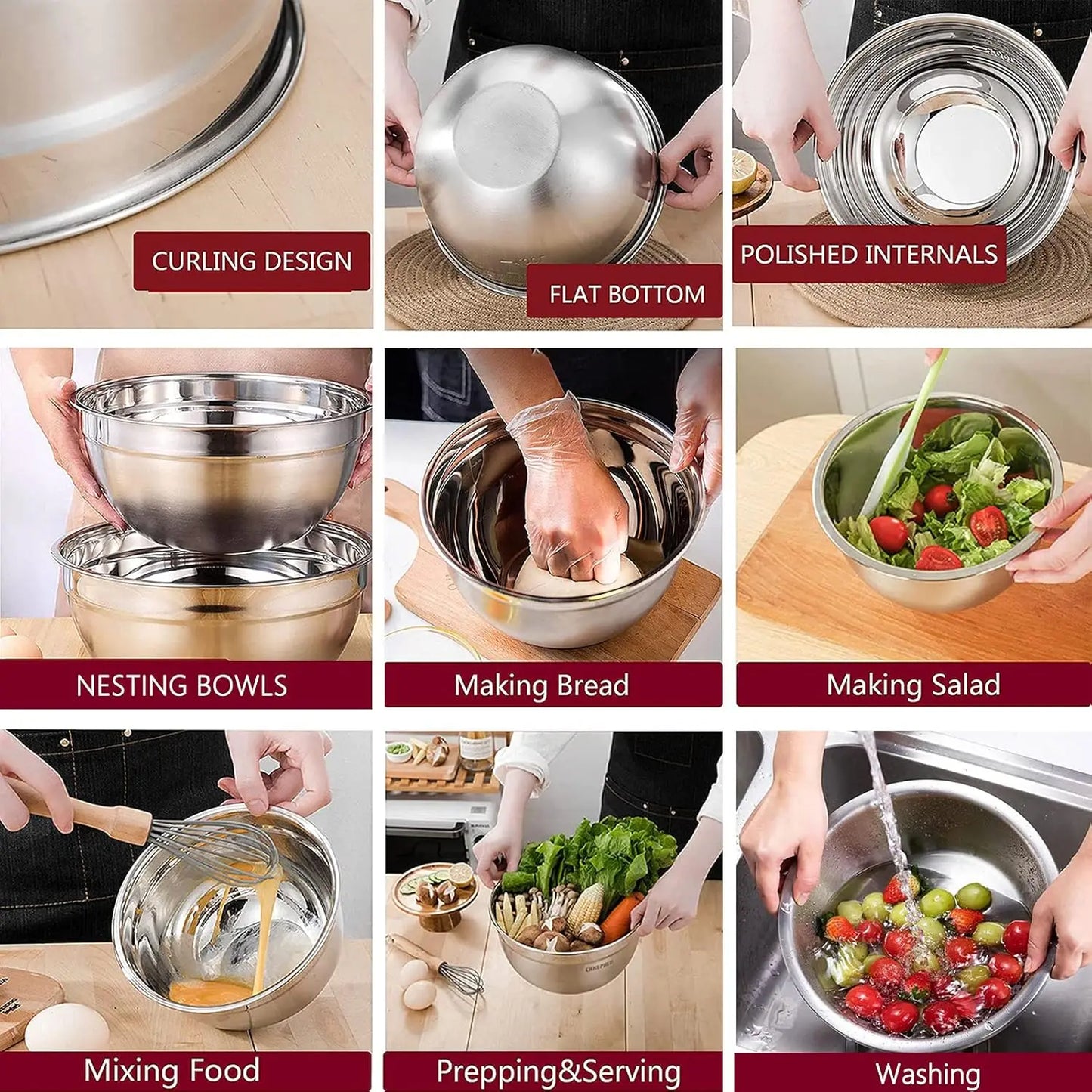 Stainless Steel Mixing Bowls Set with Lids, 22-Piece Nesting Bowls 7/6/4.5/3.5/2.5QT, Measuring Cups and Spoons Baking Storage