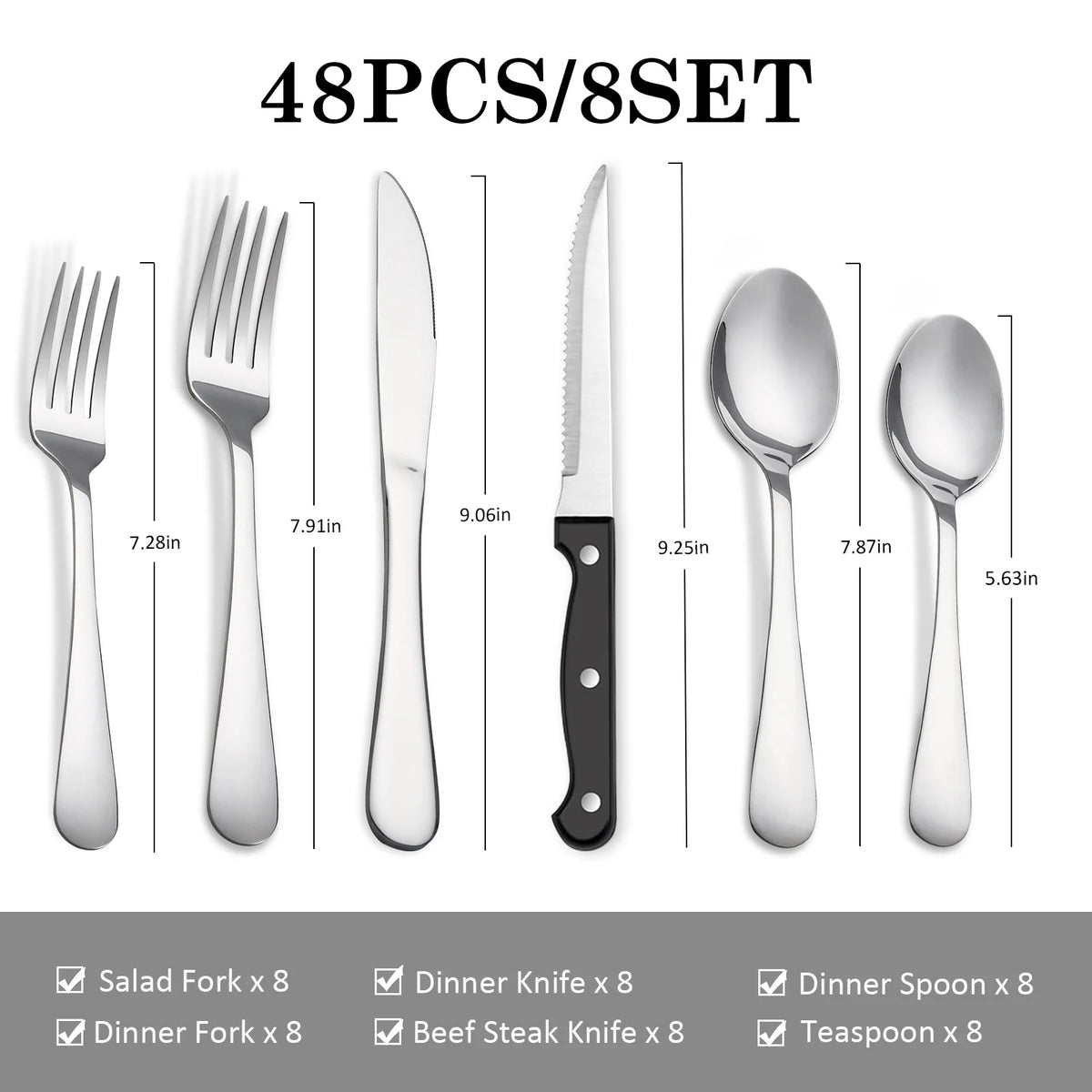 KOOMADE 48Pcs Stainless Steel Cutlery Set Steak Knives Included Mirror Polished Flatware Set Dinner Knife Fork Spoon Tableware Kitchen Utensils Dishwasher Safe For Home Restaurant Party