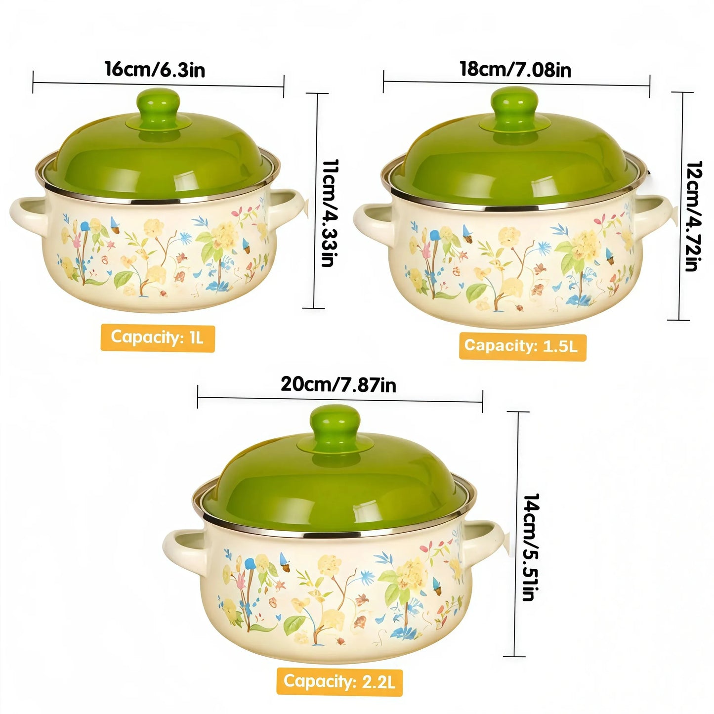 3Pcs Vintage Enamel Stock Pot Set with Lid,34oz/51oz/68oz Retro Flower Cooking Pot, Flat Bottom Stew Pot with Dual Handles for Induction & Gas Stove Kitchen Use
