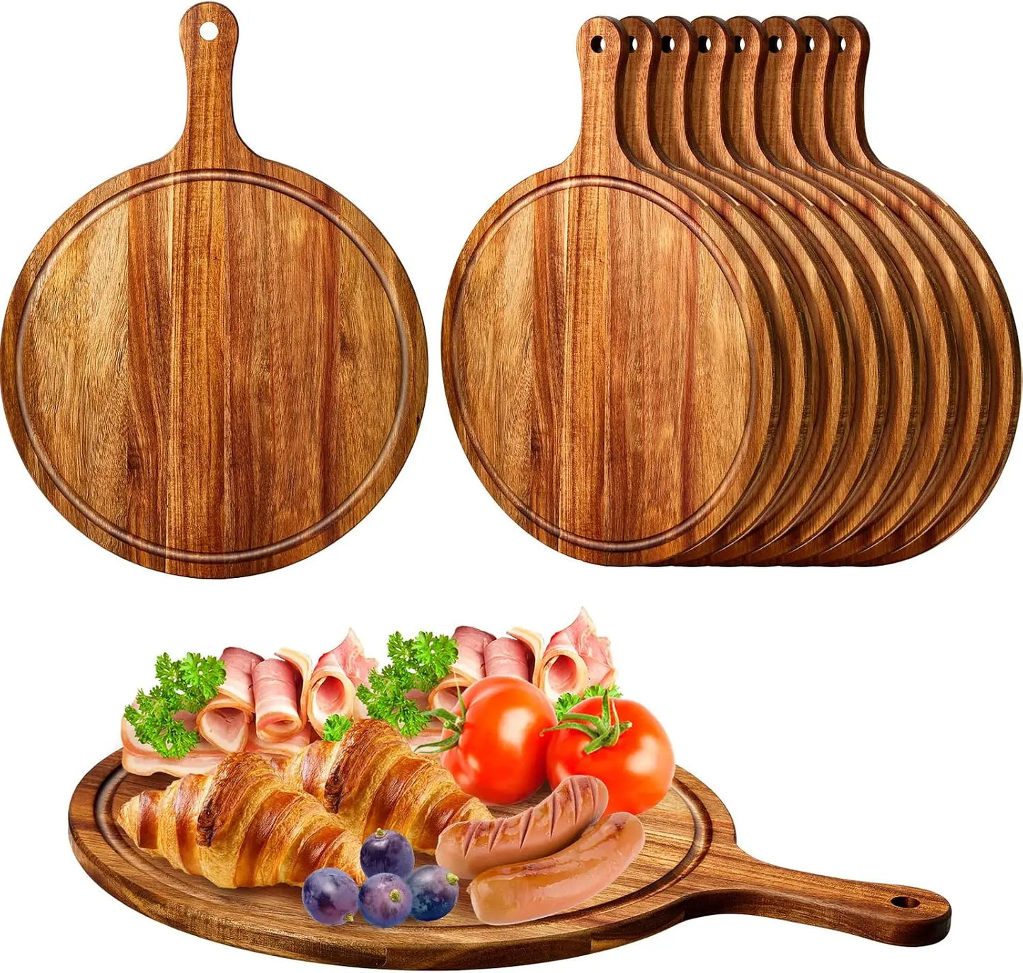 10 Pcs Acacia Wood Cutting Board with Handle - Round Serving Board for Pizza, Bread, Cheese, Charcuterie, Fruit, Vegetables - Kitchen Chopping Board Set