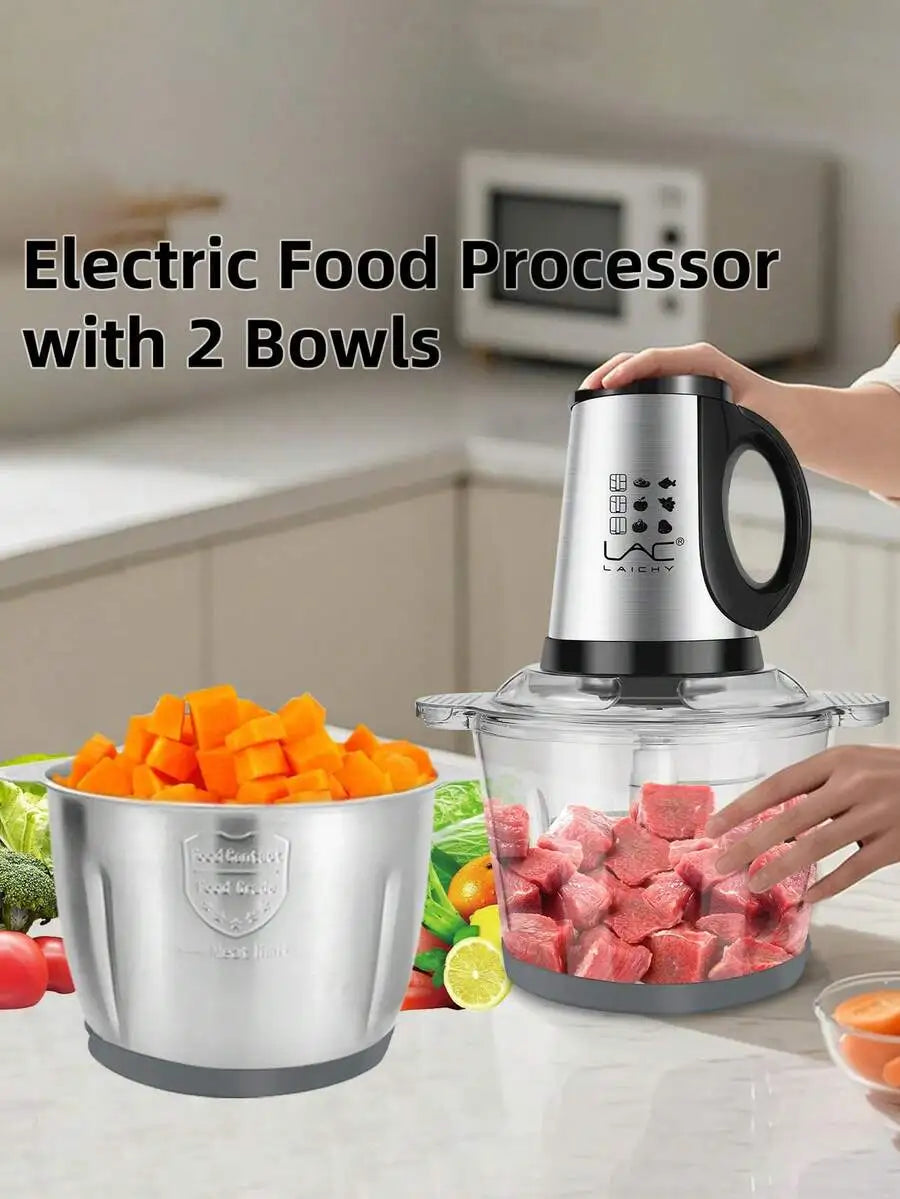 3.8L Large Capacity Electric Meat Grinder, Two Container Stainless Steel & Glass Food Processor With Double 4-Blade System, Food