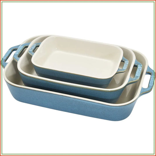 3-Piece Rectangular Baking Dish Set - Nesting Stoneware, Turquoise