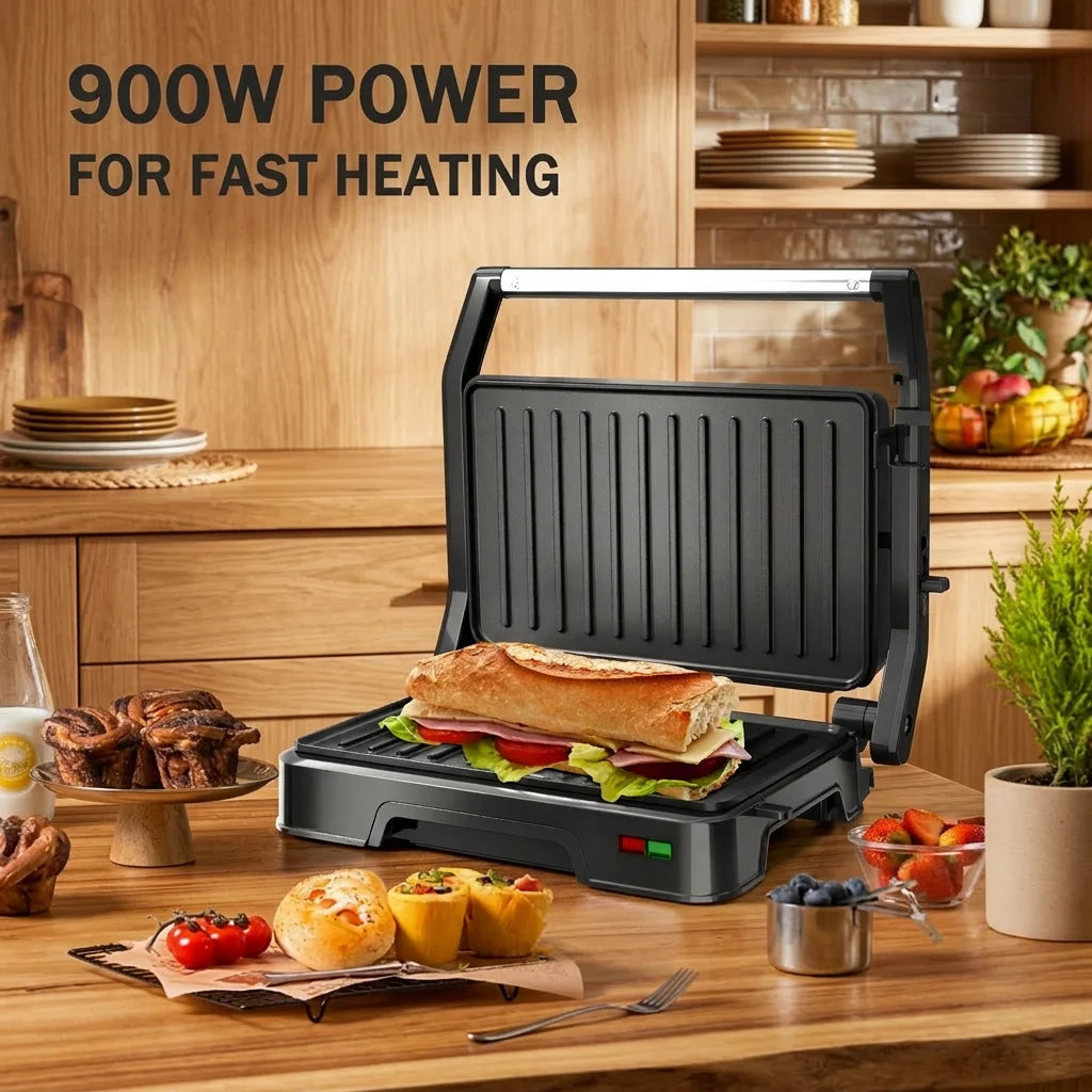 Panini Grill Press - 2-Slice, 180° Opening, Non-Stick Stainless Steel Plates for Versatile Grilling, Toasting, and Cooking, 900W