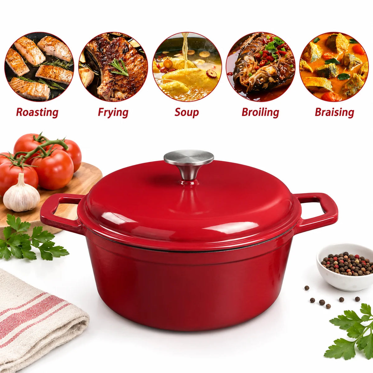 HANSMART 4.75Qt Enameled Cast Iron Dutch Oven With Lid, Non-Stick Enamel Coating Round Pot Induction & Oven Safe for Bread Baking Braising Stewing Home Cooking