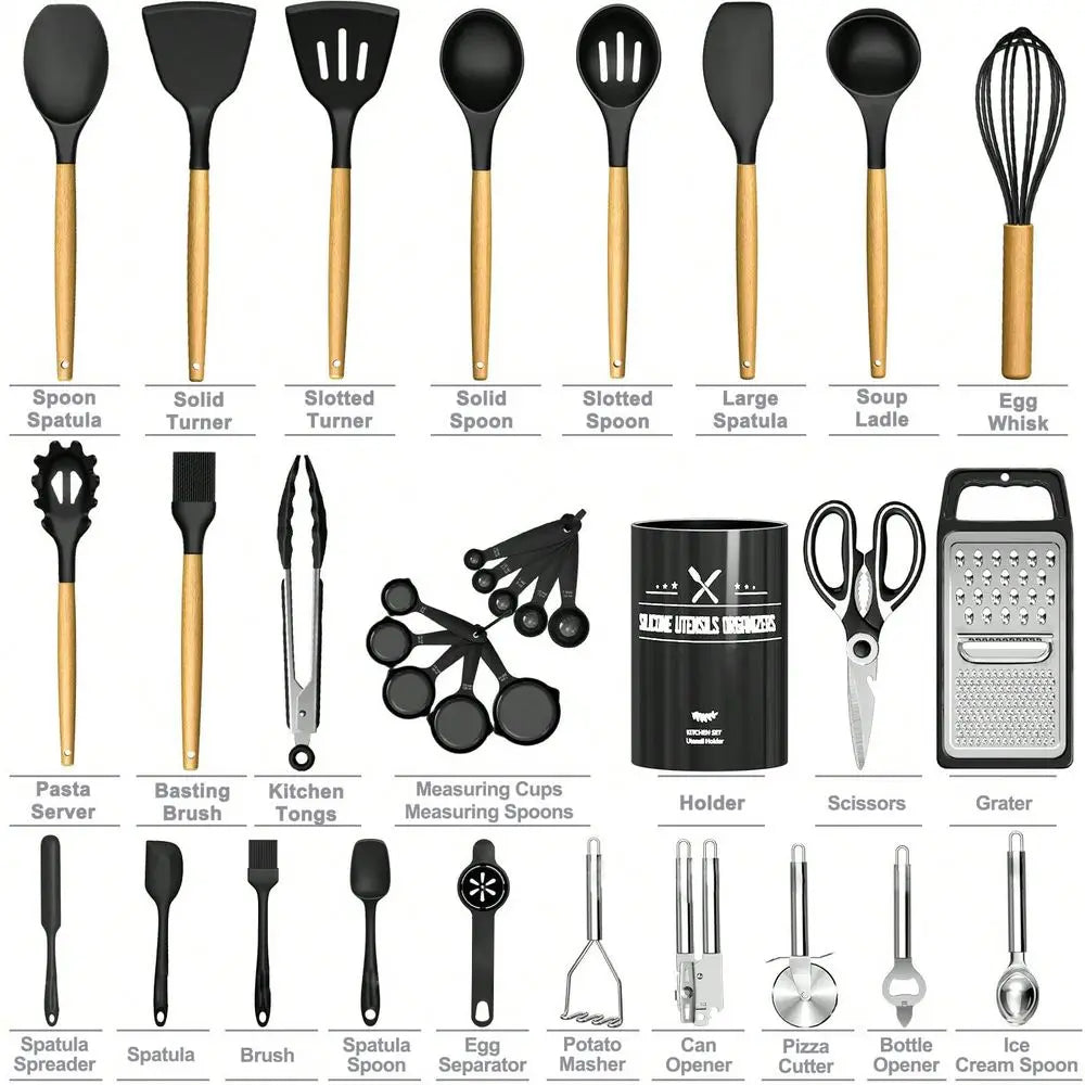 Kitchen Utensils Set 34PCS Silicone Cooking Utensils With Holder, Heat Resistant Kitchen Utensil Spatula Set For Nonstick Cookw