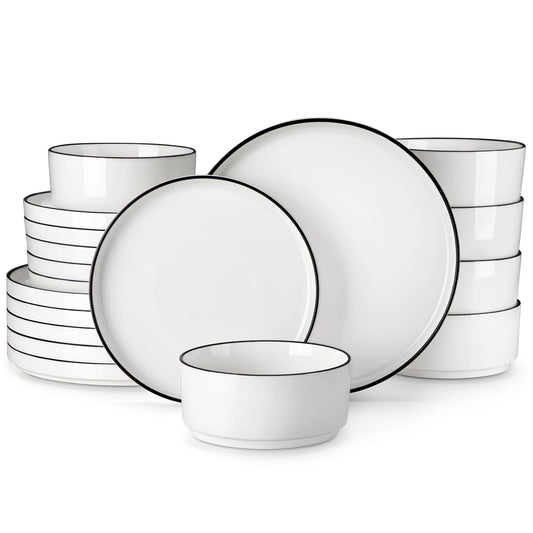 MALACASA 12/16/18/24 Piece Dinner Plates Sets Black Rim Half standing edge Dinnerwar with 4/6PCS Dinner Plate/Dessert/Soup/Bowl