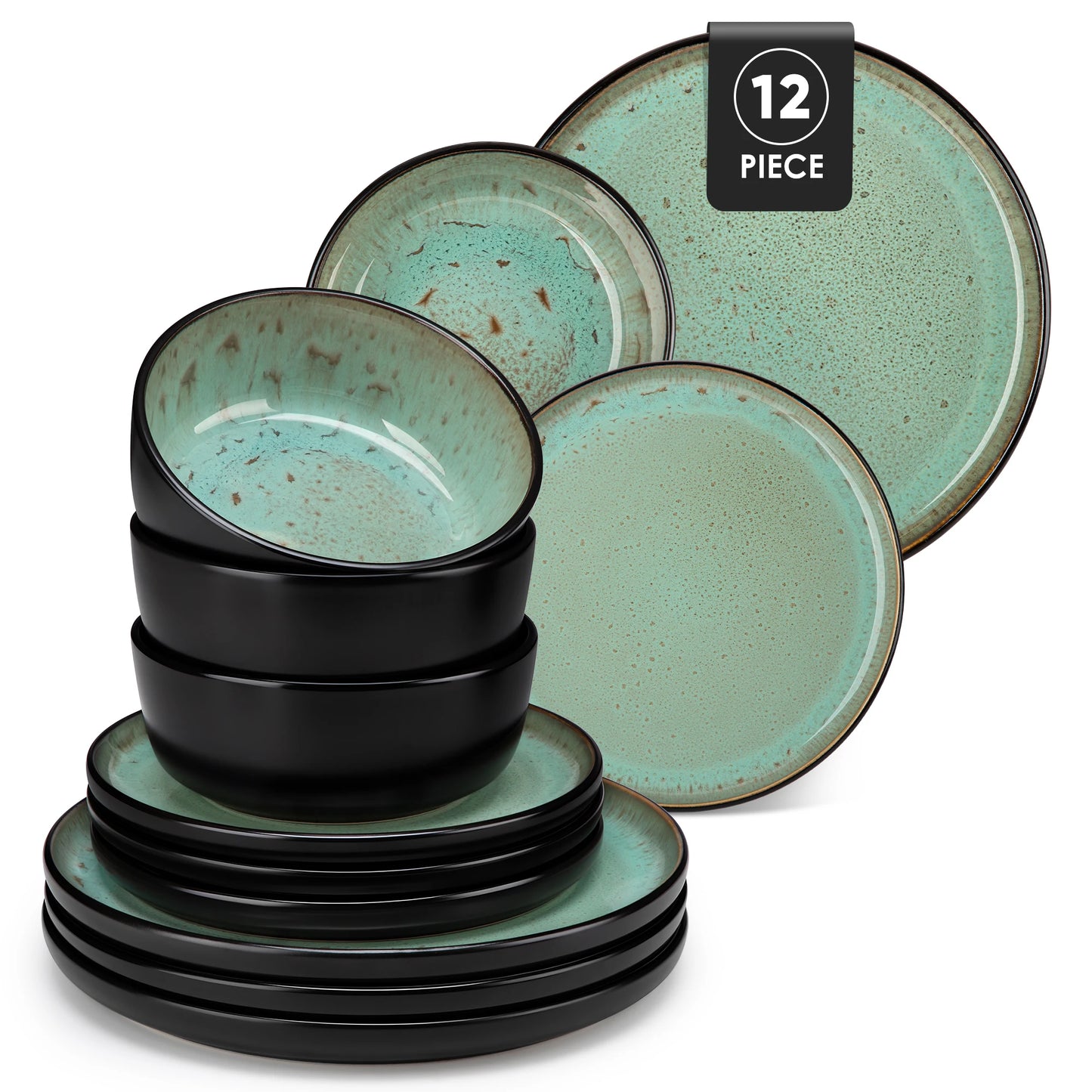 Vancasso AMBER 12/16 Piece Ceramic Dinnerware Set Matte Black Stoneware Plates Set with 4/6 Pcs Dinner Plate/Dessert/Bowl/Soup