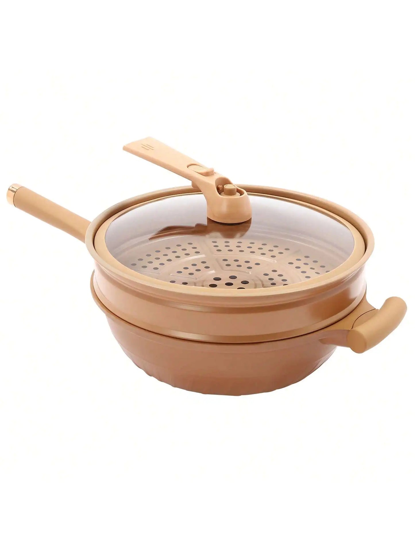 Multifunctional Non-Stick Clay Wok With Steamer Basket Frying Pan, 12.6in Pottery Clay Non-Stick Micro Pressure Pot 2-In-1 Micr