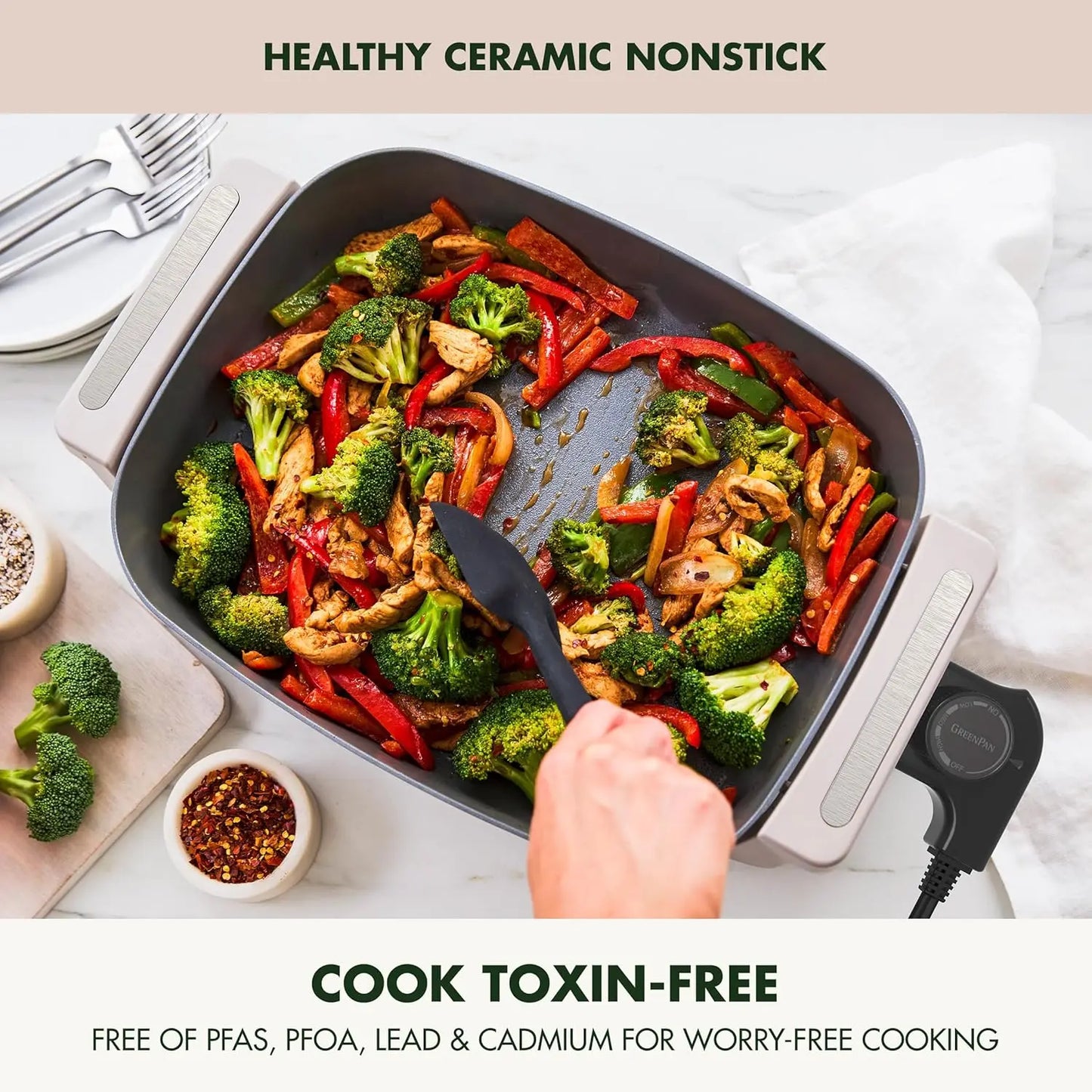 Advanced 12” X 15” Electric Skillet with Lid, 7QT Capacity for Family Meals, Healthy Ceramic Nonstick