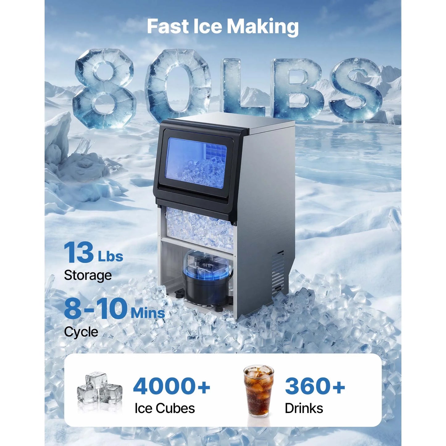 SucceBuy 80lbs-440lbs/24H Commercial Ice Maker Machine Stainless Steel Ice Maker with LED Display & Self-Cleaning for Bar Home