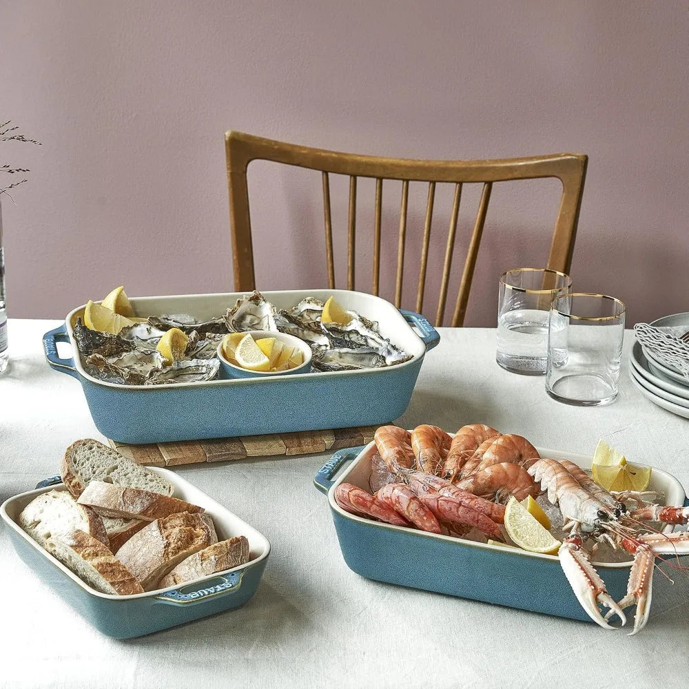 3-Piece Rectangular Baking Dish Set - Nesting Stoneware, Turquoise
