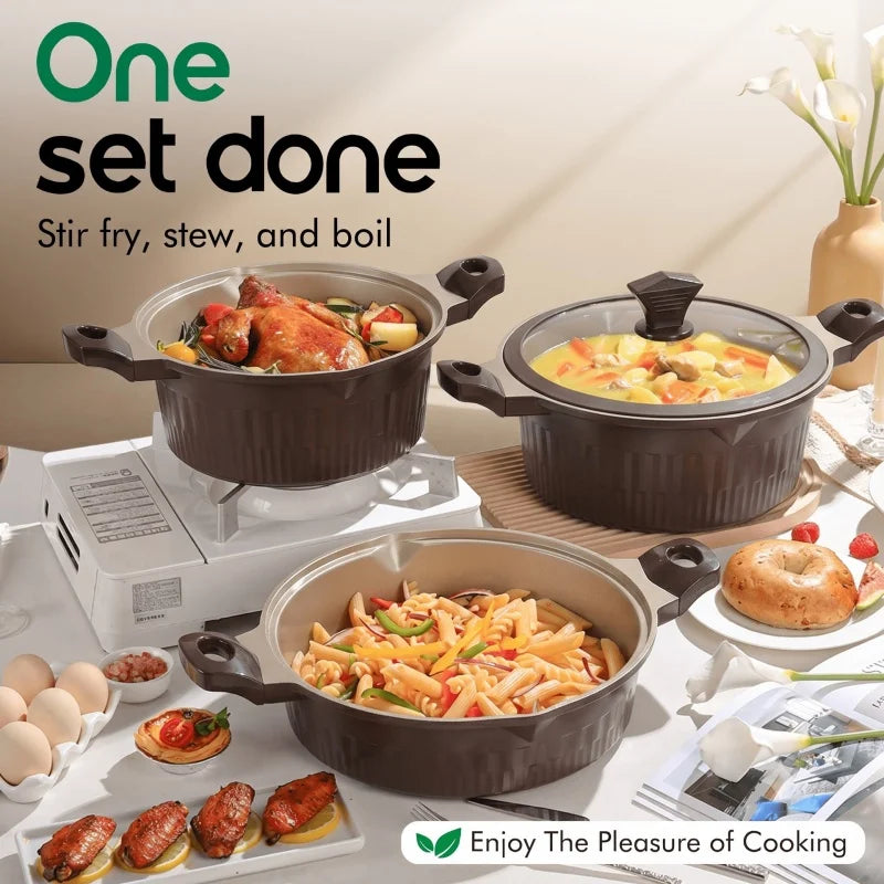 DONNOR Pot and Pan Set 15Pcs Non-stick Soup Pot Stew Pot with Glass Lid Granite Healthy Coat Pots for Cooking Stoves Universal