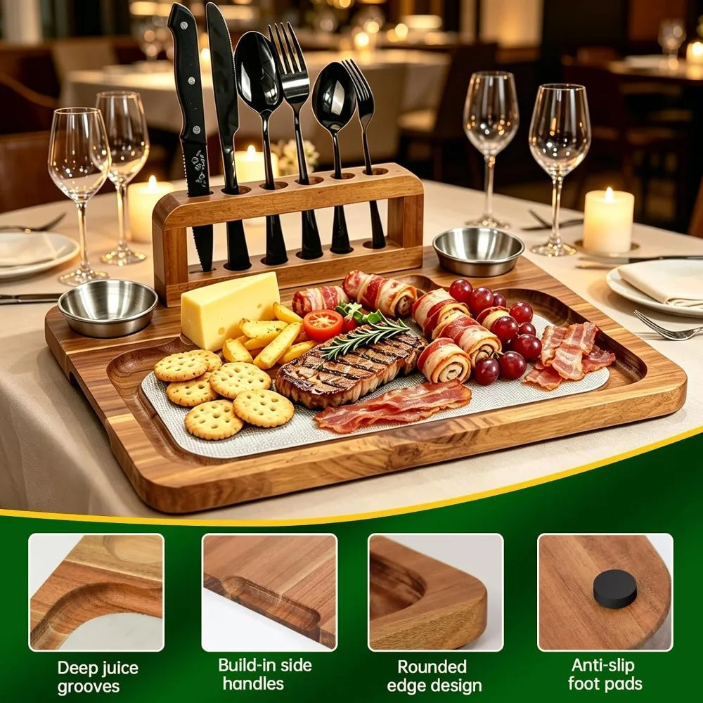 16.5" Acacia Wood Steak Board Set, Magnetic Charcuterie Board with Stainless Steel Scratch-Proof Surface, Serving Platter with Cutlery & Sauce Cup
