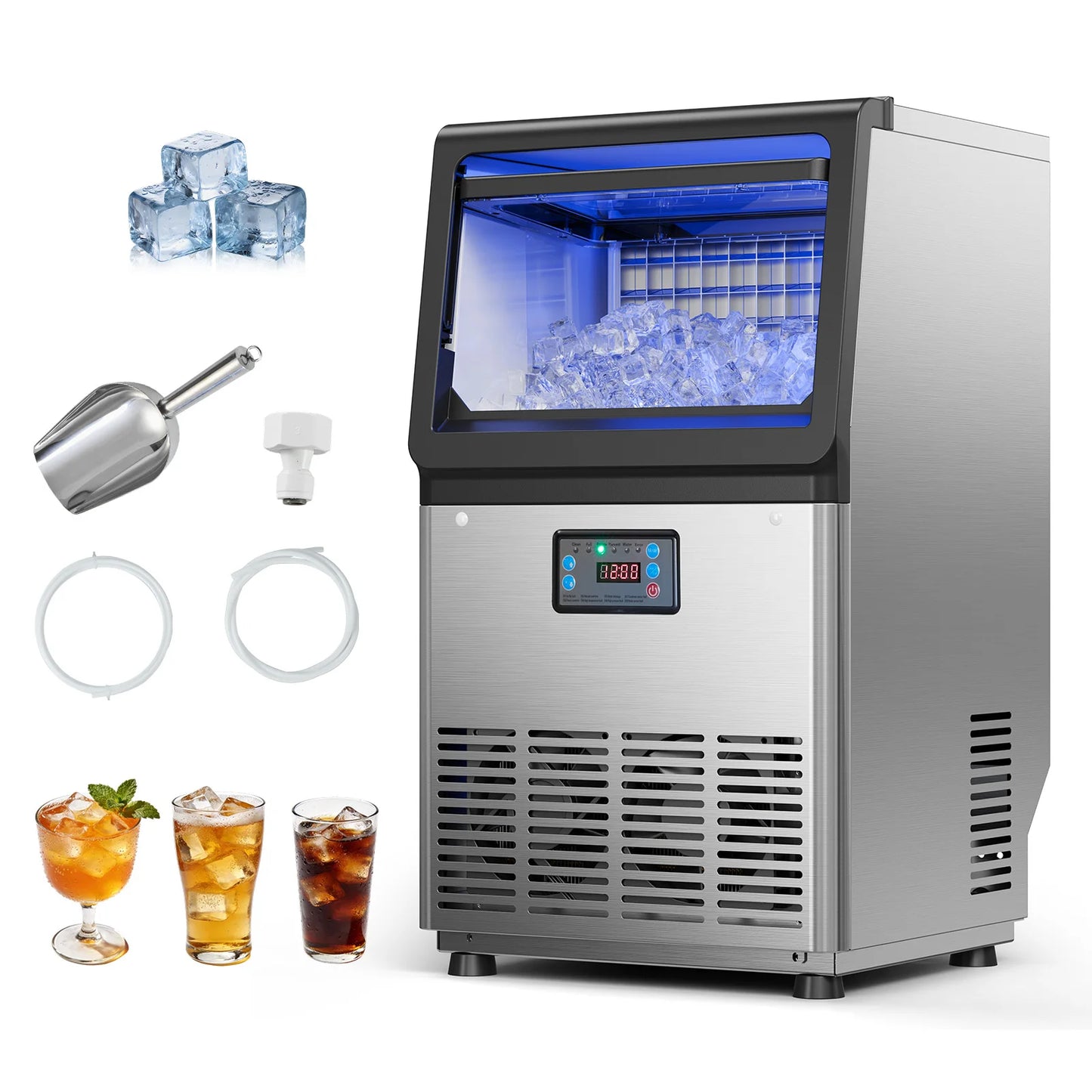 SucceBuy 80lbs-440lbs/24H Commercial Ice Maker Machine Stainless Steel Ice Maker with LED Display & Self-Cleaning for Bar Home
