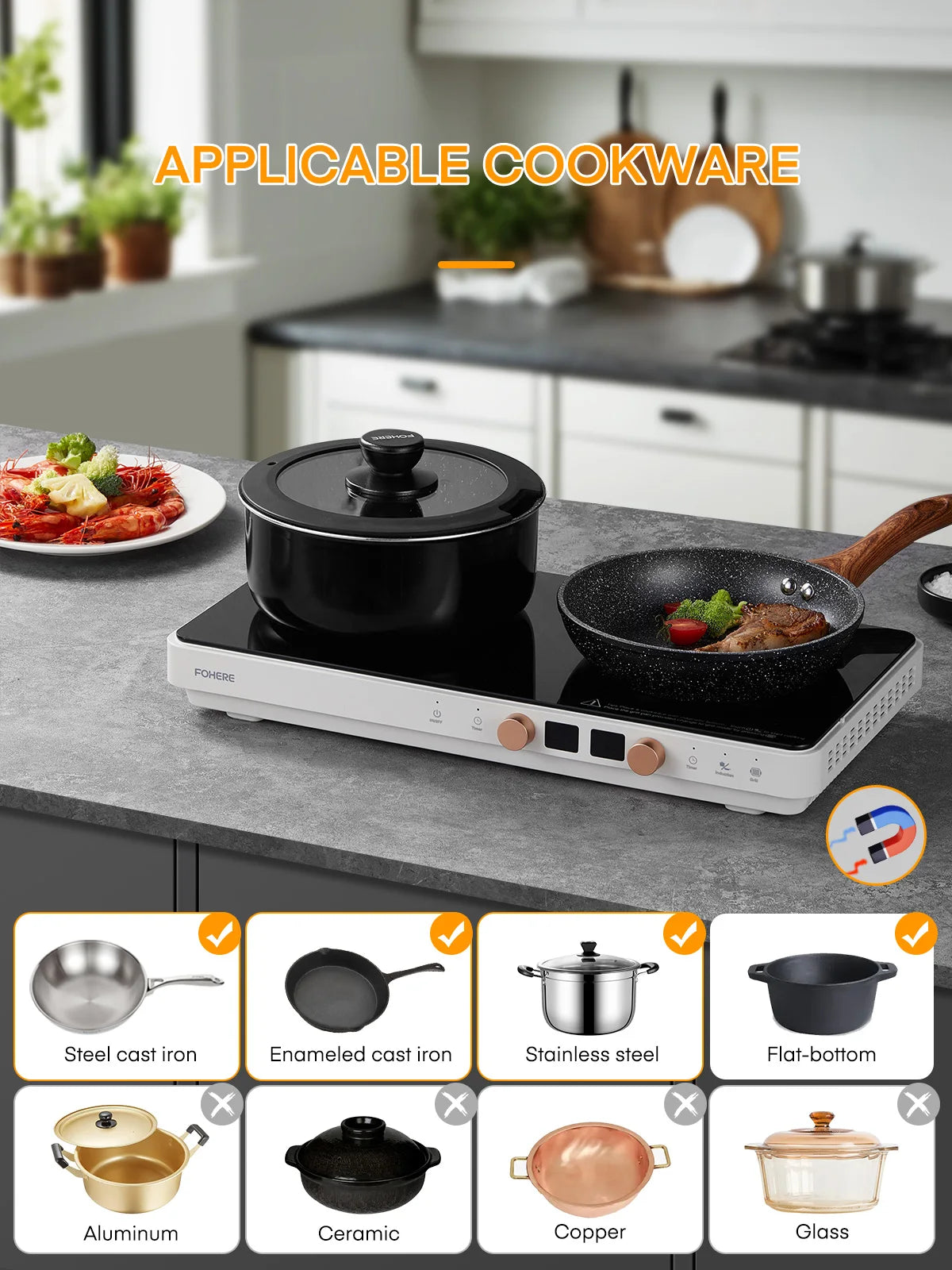 Induction Cooktop 2 Burners, Double Induction Griddle Cooktop with Removable Non-Stick Cast Iron Griddle Pan, Independent Temperature Control, 8 Power Levels, 99-Min Timer, Rubber Handle – for Magnetic Cookware