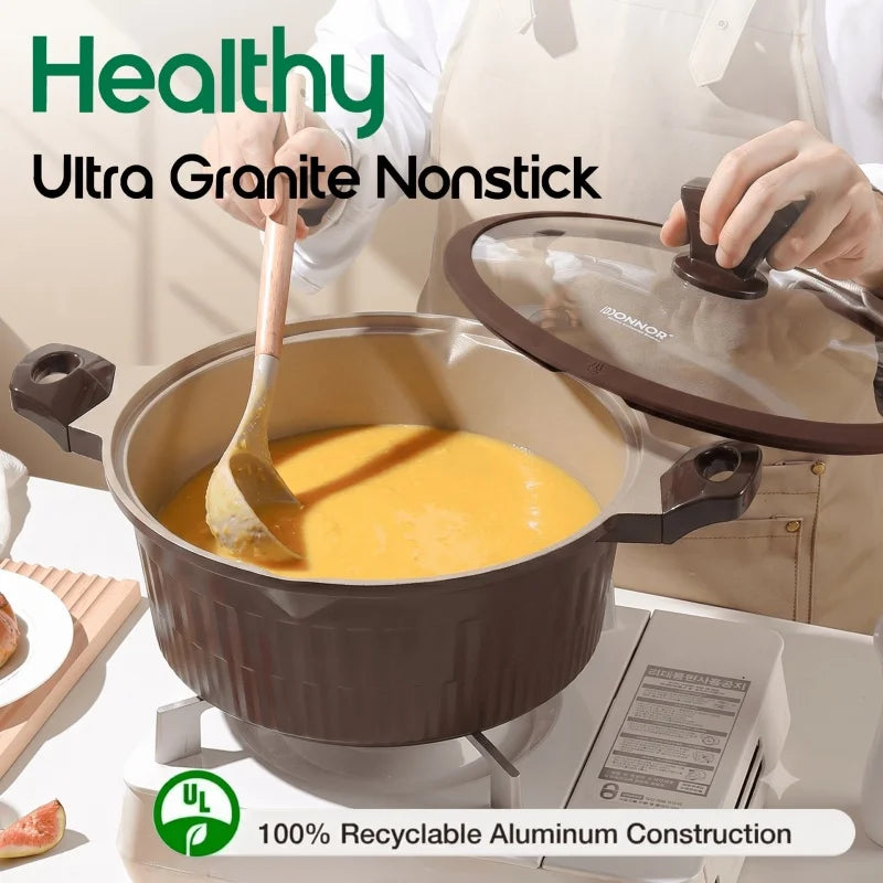DONNOR Pot and Pan Set 15Pcs Non-stick Soup Pot Stew Pot with Glass Lid Granite Healthy Coat Pots for Cooking Stoves Universal