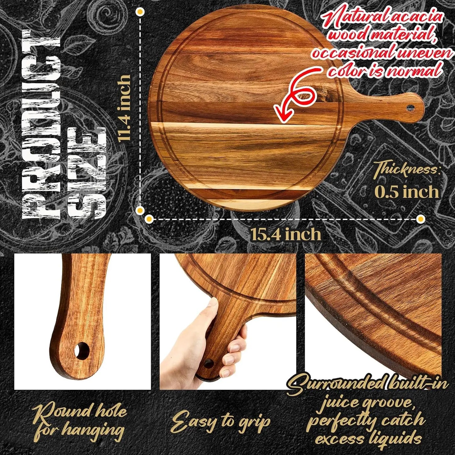 10 Pcs Acacia Wood Cutting Board with Handle - Round Serving Board for Pizza, Bread, Cheese, Charcuterie, Fruit, Vegetables - Kitchen Chopping Board Set